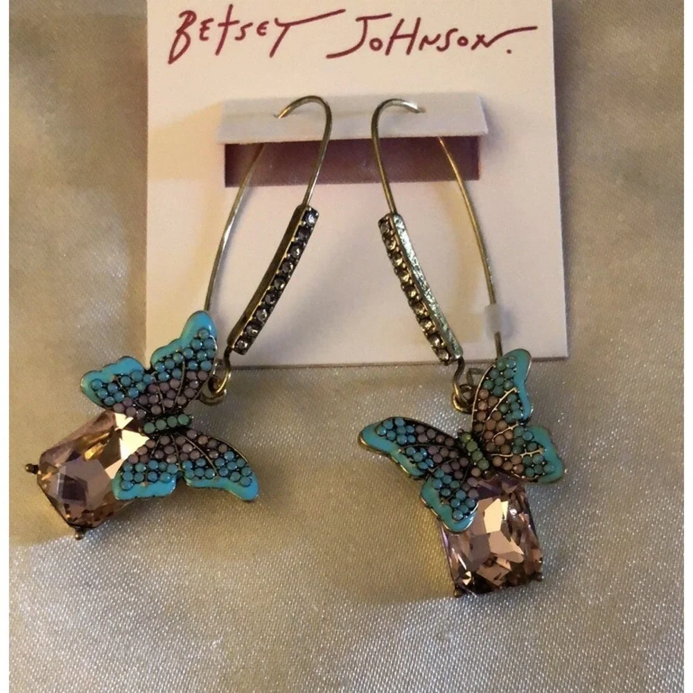 Betsey Johnson Boho Butterfly Pink & Blue Drop Earrings Crystal Accents NWT
